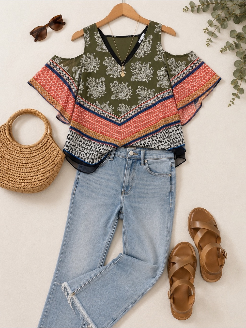 DR2 Olive Green & Multi Cold-Shoulder V-Neck Tunic